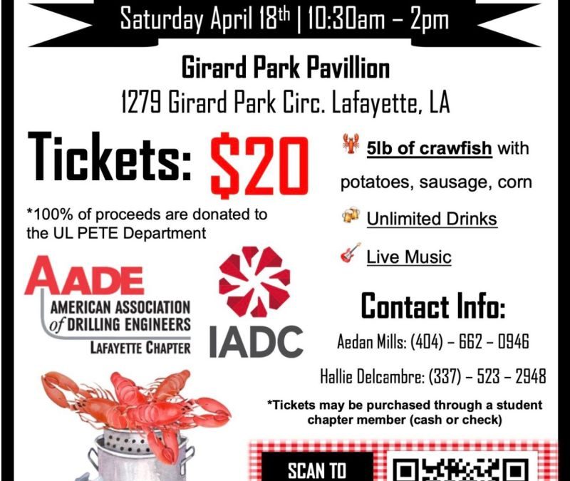 Register Now for the 2026 AADE & IADC Petroleum Engineering Annual Crawfish Boil – April 18, 2026 – Lafayette, LA