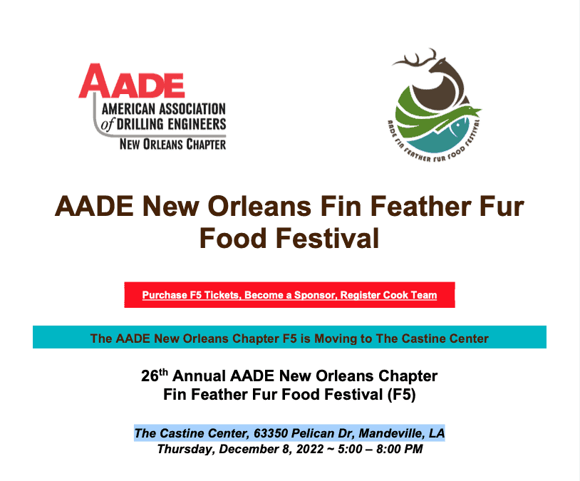 Register Now for the 26th Annual AADE New Orleans F5 Fin Feather Fur Food Festival Dec 8th – Mandeville, LA – 5F Event