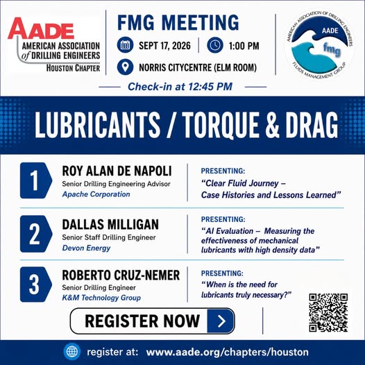 Register Now for the American Association of Drilling Engineers AADE Houston FMG Meeting – Sept 17, 2026 – Houston, TX