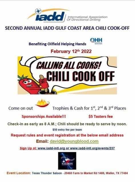 Register Today for the Second Annual Gulf Coast Area Chili Cook-off Feb 12 – Waller (Houston Area)