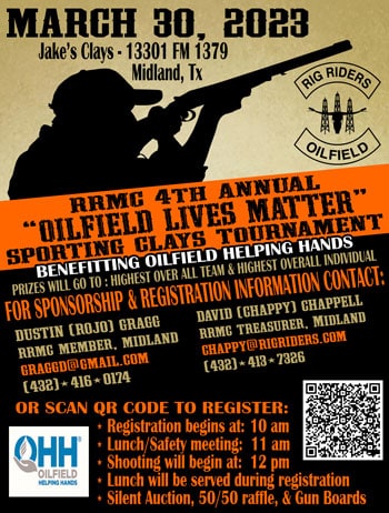Register for the RRMC 4th Annual “OILFIELD LIVES MATTER” Sporting Clays Tournament March 30, 2023 – Midland